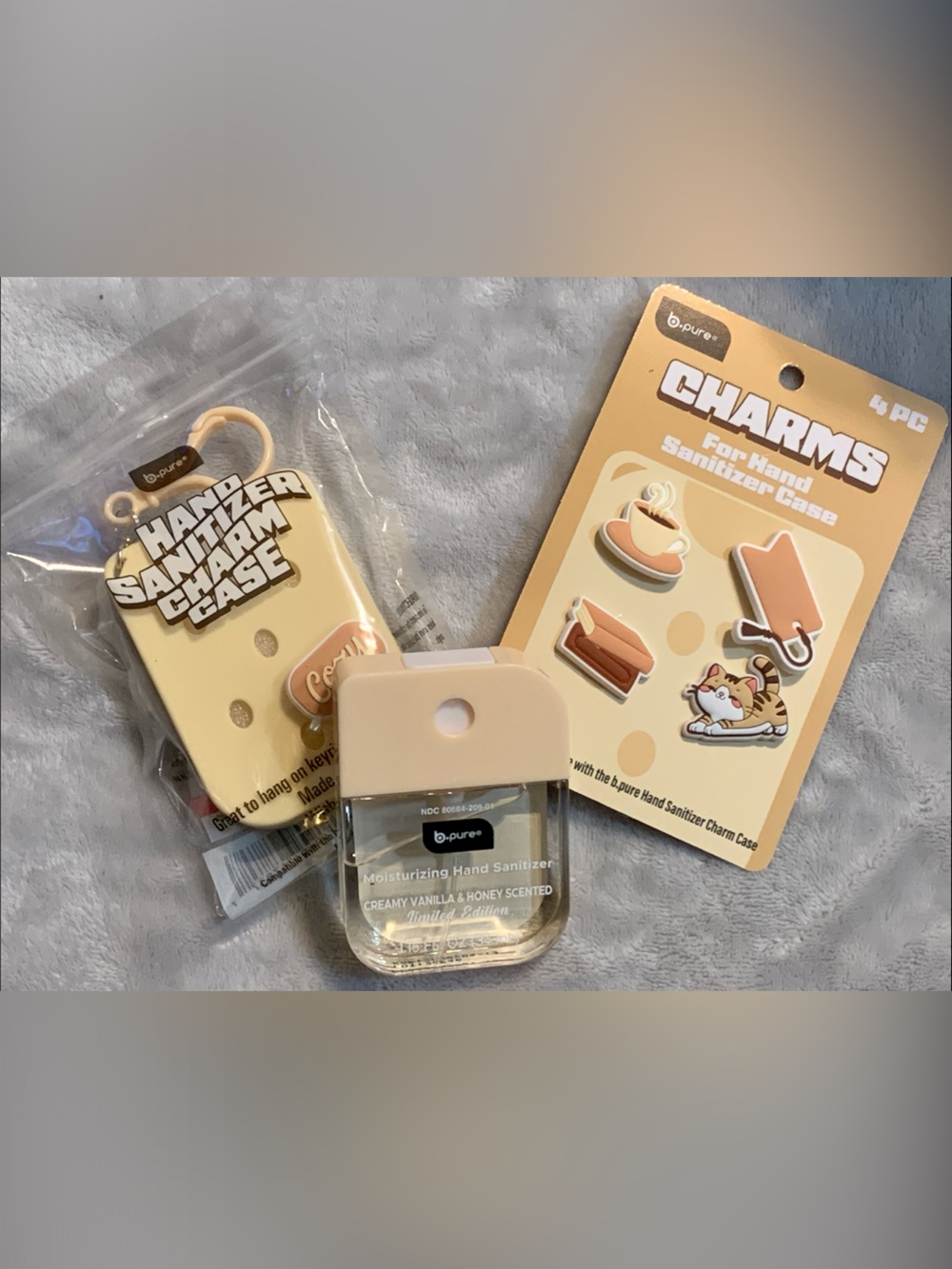 Hand Sanitizer Charms with Holder and Creamy Vanilla and Honey Scented Sanitizer